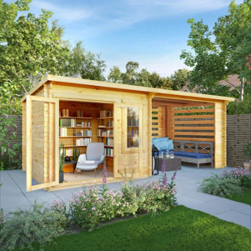 Image of Waltons 3M X 3M Pent Roof Wooden Log Cabin 28mm With Slatted Area Garden Summerhouse Room