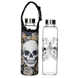 Image of Skulls & Roses Reusable Glass Water Bottle with Sleeve and Handle