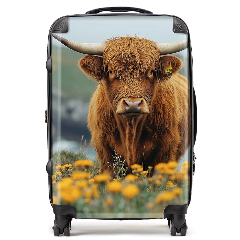 Image of Warren Reed - Designer Highland Cow By The Coast Suitcase in Brown Size: Medium Brown Unisex Medium