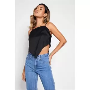 Image of I Saw It First Satin Cami Strap Hankerchief Hem Crop Top - Black