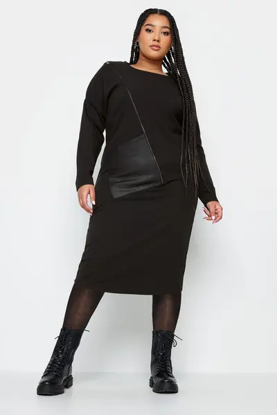 Image of Yours Leather And Zipper Detail Dress, Black, Size 30-32, Women