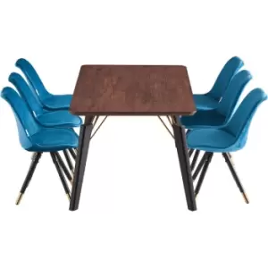 Image of 7 Pieces Life Interiors Sofia Cosmo Dining Set - a Rectangular Walnut Dining Table and Set of 6 Blue Dining Chairs - Blue