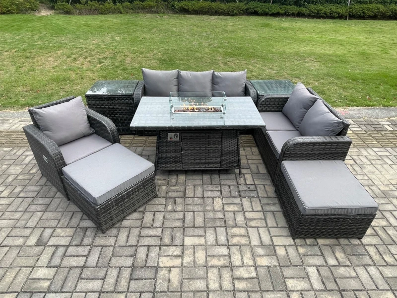 Image of Fimous Garden Patio Furniture Wicker Rattan Gas Fire Pit Table and Sofa Chair set with 2 Side Tables 2 Big Footstool Dark Grey