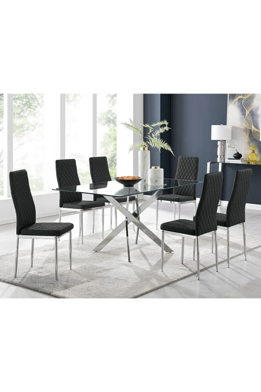 Image of FurnitureboxUK FurnitureboxUK Leonardo Glass And Chrome Metal Dining Table And 6 Milan Chairs Dining Set in Black One Size Unisex 5056542634635