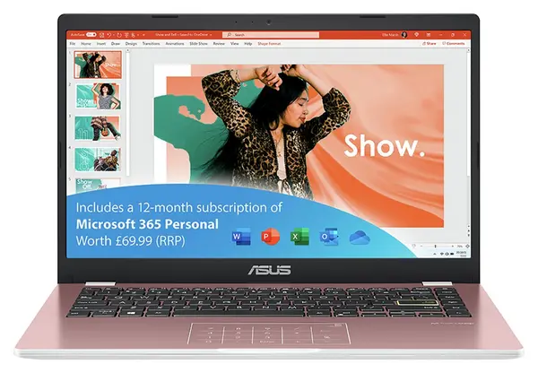 Image of ASUS ASUS E410 14" 4GB 128GB Laptop -Pink + Microsoft 365 Bundle