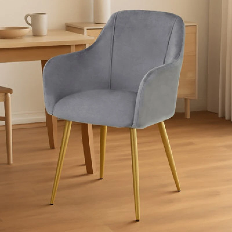 Image of Orsina Grey Velvet Dining Chair, Mid-Century Modern Velvet Dining Chair, Stylish Grey And Gold Dining Chair