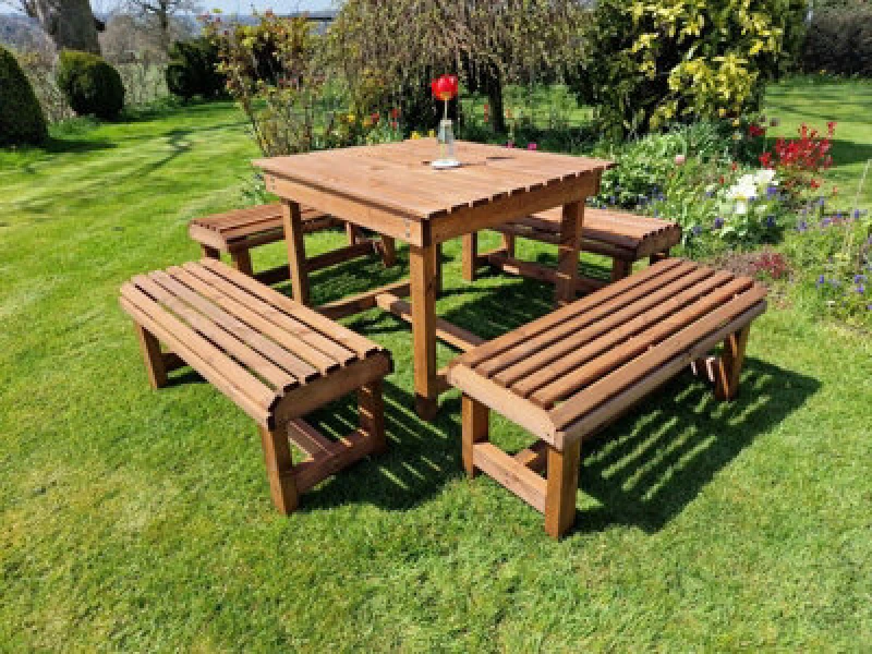 Image of Churnet Valley Garden Furniture Ltd Contemporary 8 Seater Garden Table And Bench Set - Timber - L150 X W150 X H75cm - Fully Assembled