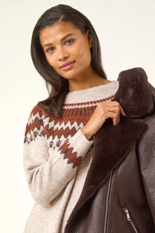 Image of Roman Fairisle Knitted Jumper Dress Beige
