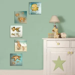 Image of MTB046 Turquoise Cream Yellow Blue Black Decorative MDF Painting (5 Pieces)