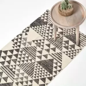 Image of HOMESCAPES Delphi Black and White Geometric Style 100% Cotton Printed Rug, 66 x 200cm - Black
