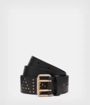 Image of Remi AllSaints Womens Leather Belt, Black/warm Brass, Size: M