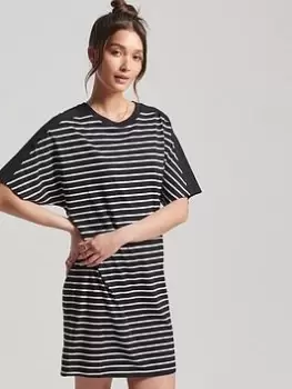 Image of Superdry Studios Cotton Modal Tee Dress -black/white Stripe, Black, Size 8, Women