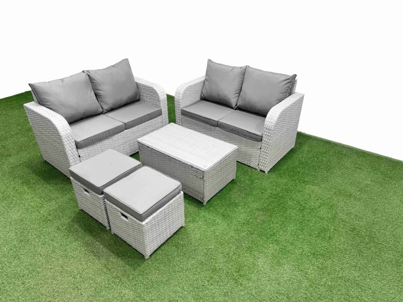 Image of Fimous 6 Seater Outdoor Love Sofa Set Rattan Garden Furniture Set with Rectangular Coffee Table 2 Small Stools Light Grey Light Grey