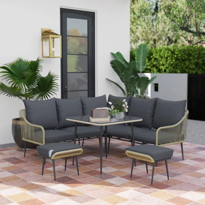 Image of Outsunny 6 Piece Garden Furniture Set Garden Sofa with Cushions, Light Grey Light Grey