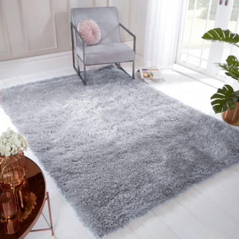 Image of Silver Plain Shaggy Handmade Sparkle Easy To Clean Rug For Dining Room Bedroom And Living Room-133Cm (Circle)