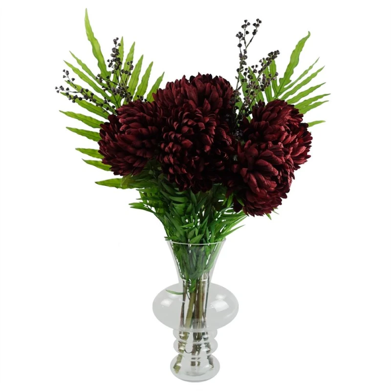 Image of Leaf Leaf 95cm Red Chrysanthemum Artificial Flowers Glass Bubble Vase Green