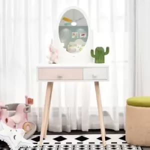 Image of Kids Dressing Table With Mirror 2 Drawers Wood Legs Heart Handles Pink And White