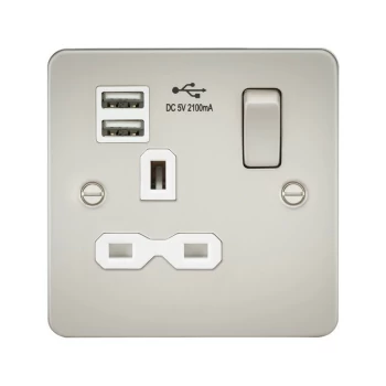 Image of Flat plate 13A 1G switched socket with dual USB charger (2.1A) - pearl with white insert - Knightsbridge
