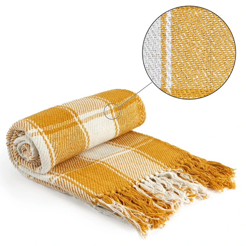 Image of Emma Barclay Throw Blanket Cotton Check Design Frisco Ochre Yellow unisex 127x152cm