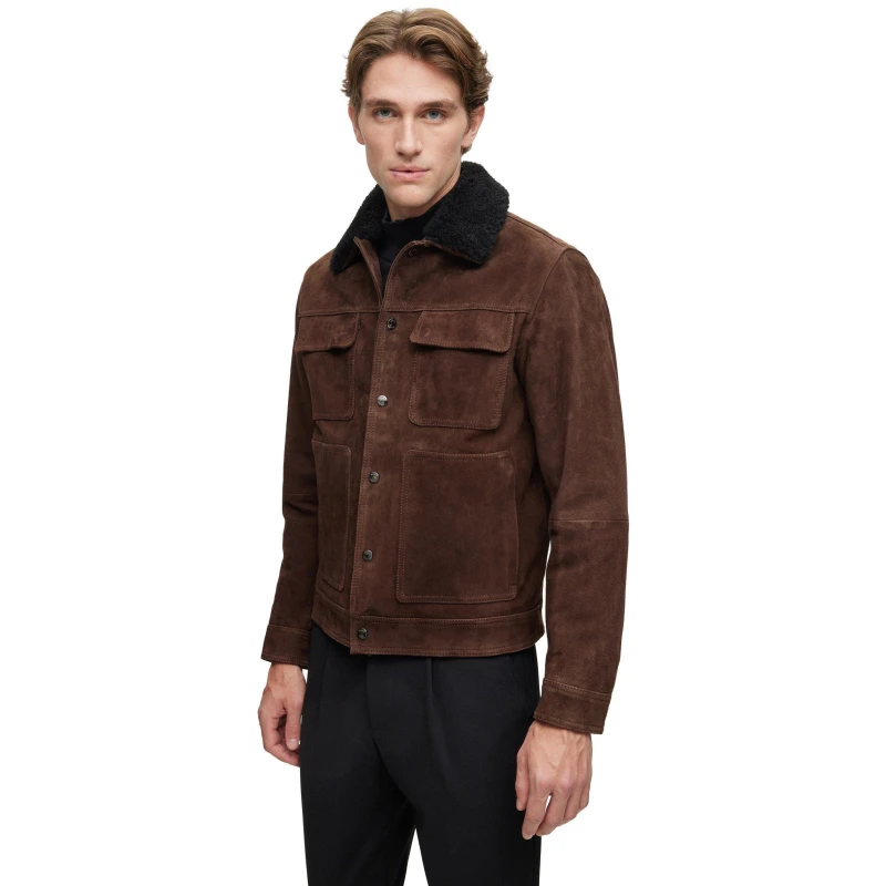 Image of Boss Mens Mahdi Shearling Jacket Dark Brown male 44 (54)