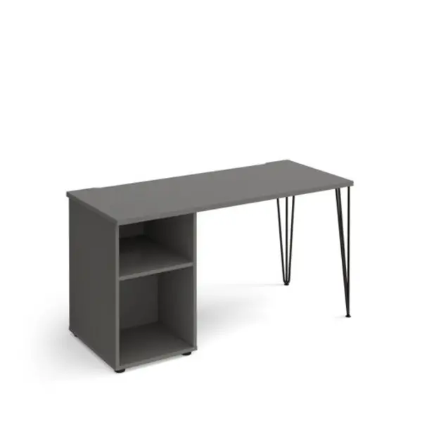 Image of Tikal straight desk 1400mm x 600mm with hairpin leg and support pedestal - Black legs, grey top