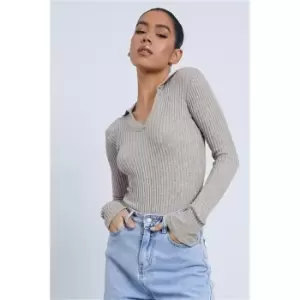 Image of I Saw It First Stone Ribbed Knitted Collared Split Sleeve Mini Dress - Brown