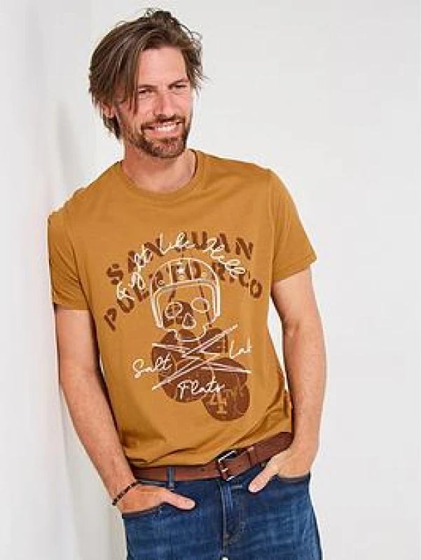 Image of Joe Browns Joe Browns Men Biker Skull Flatlock Stitch Crew Neck Tee in Burnt Orange Size: Medium Burnt Orange M Male 5059953332411