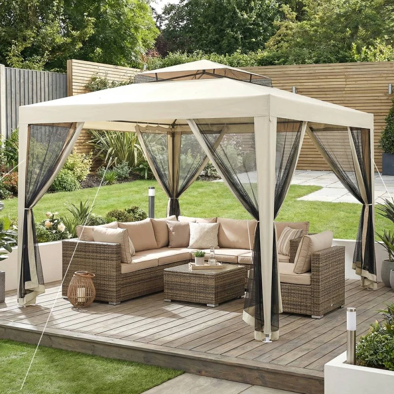 Image of Outsunny 3 x 3m Gazebo, Netting Party Tent w/ Double Tier Roof, Beige, White 84C-195V01BG
