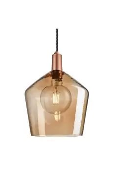 Image of Sleek Tinted Glass Schoolhouse Pendant, 10 Inch, Amber, Copper Holder