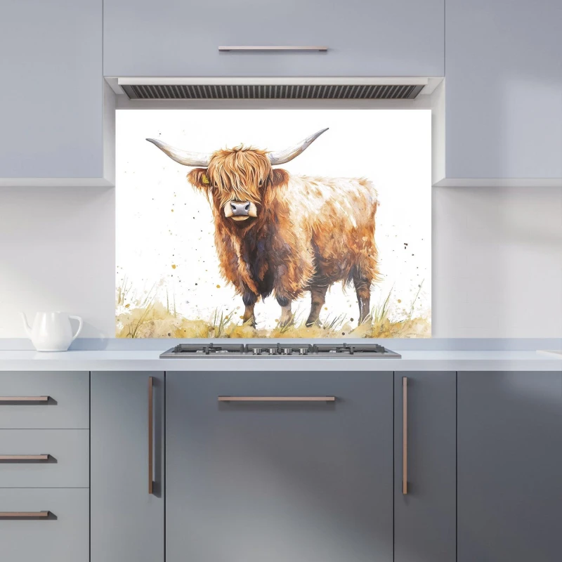 Image of Warren Reed - Designer Watercolour Highland Cow Kitchen Splashback in Brown Size: 900mm x 650mm Brown Unisex 900mm x 650mm