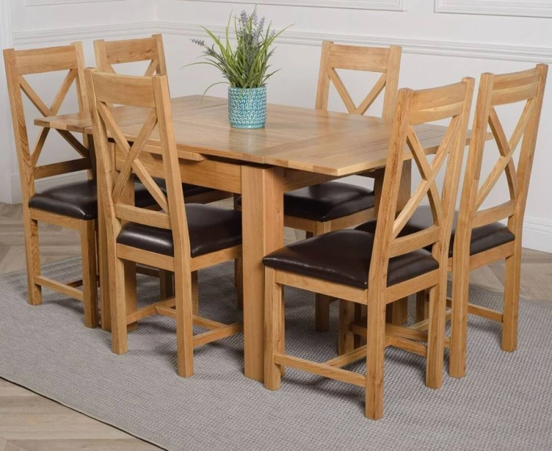 Image of Thats Furniture Richmond 90-150cm Oak Extending Dining Table & 6 Berkeley Leather Chairs in Brown Brown Unisex