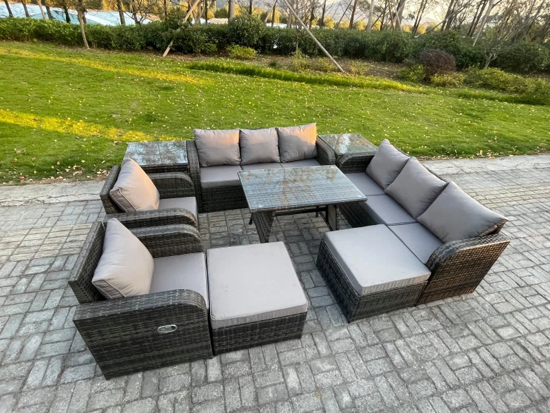 Image of Fimous Outdoor Lounge Sofa Set Wicker PE Rattan Garden Furniture Set with Rectangular Dining Table 2 Side Tables 2 Big Footstool Dark Grey Mixed Dark