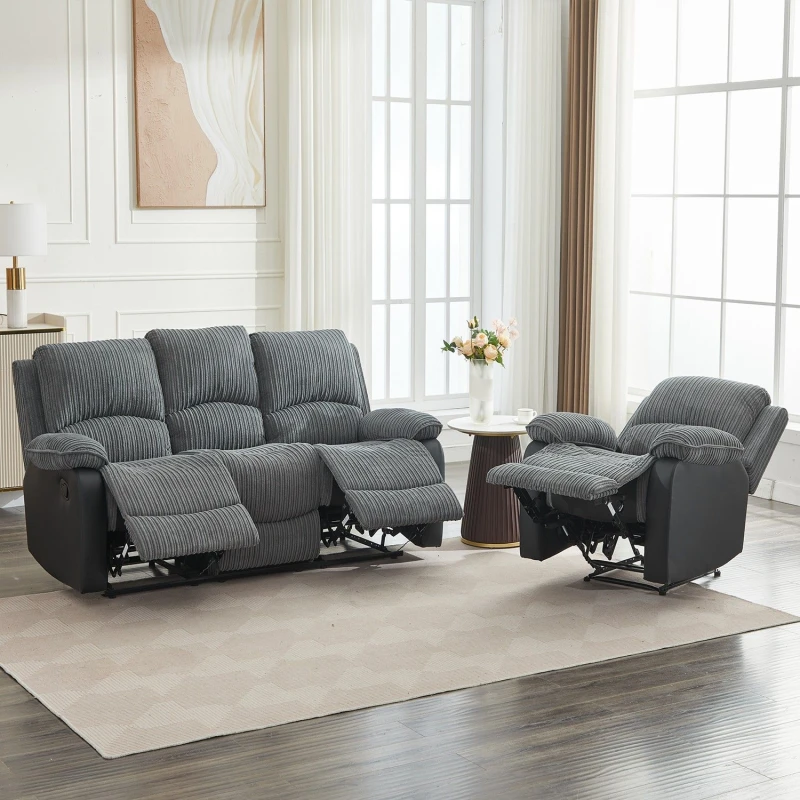 Image of FURNITURE ONE Manual Reclining Sofa Set, Corduroy Fabric Sofa Suite - 1+3 Sofa Set in Grey Size: 1 Pack Grey Unisex 1 Pack
