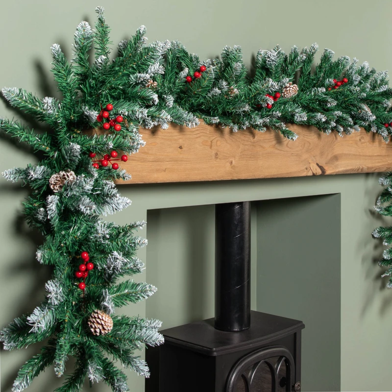 Image of 2.7m Snow Tipped Christmas Garland with Red Berries, Cones & Bullet Tips
