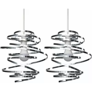 Image of Minisun - 2 x Chrome Metal Double Ribbon Spiral Swirl Ceiling Light Shades - No Bulbs