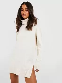 Image of Boohoo Roll Neck Jumper Dress - Stone, Cream, Size 16, Women