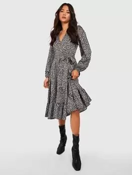 Image of Boohoo Animal Ruffle Wrap Midi Dress - Black, Size 8, Women