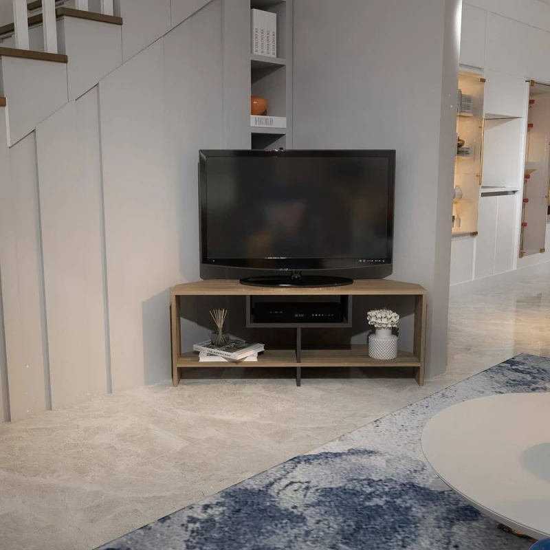 Image of Decorotika Maldives Corner TV Stand TV Cabinet TV Unit with Open Shelves in Light Brown Light Brown Unisex