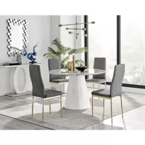 Image of Furniturebox Palma White Marble Effect 120cm Round Minimalist Dining Table & 4 Grey Milan Gold Leg Faux Leather Chairs