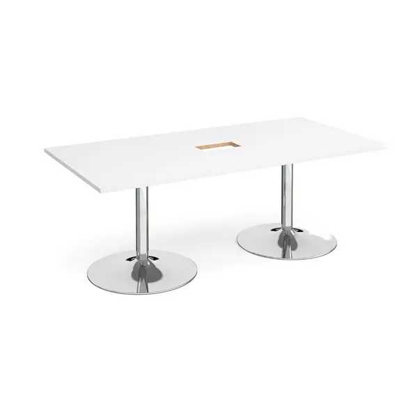 Image of Chrome Trumpet Base Rectangular Boardroom Table with Power Module Cut Out 2000mm - White