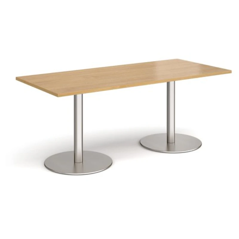 Image of Monza Rectangular Cafe and Bistro Dining Table with Flat Round Brushed Steel Base - Top 1800mm x 800mm - Oak
