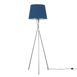 Image of Camden Brushed Chrome Tripod Floor Lamp with XL Navy Blue Aspen Shade
