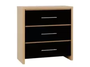 Image of Seconique Seville Black High Gloss and Oak 3 Drawer Chest of Drawers