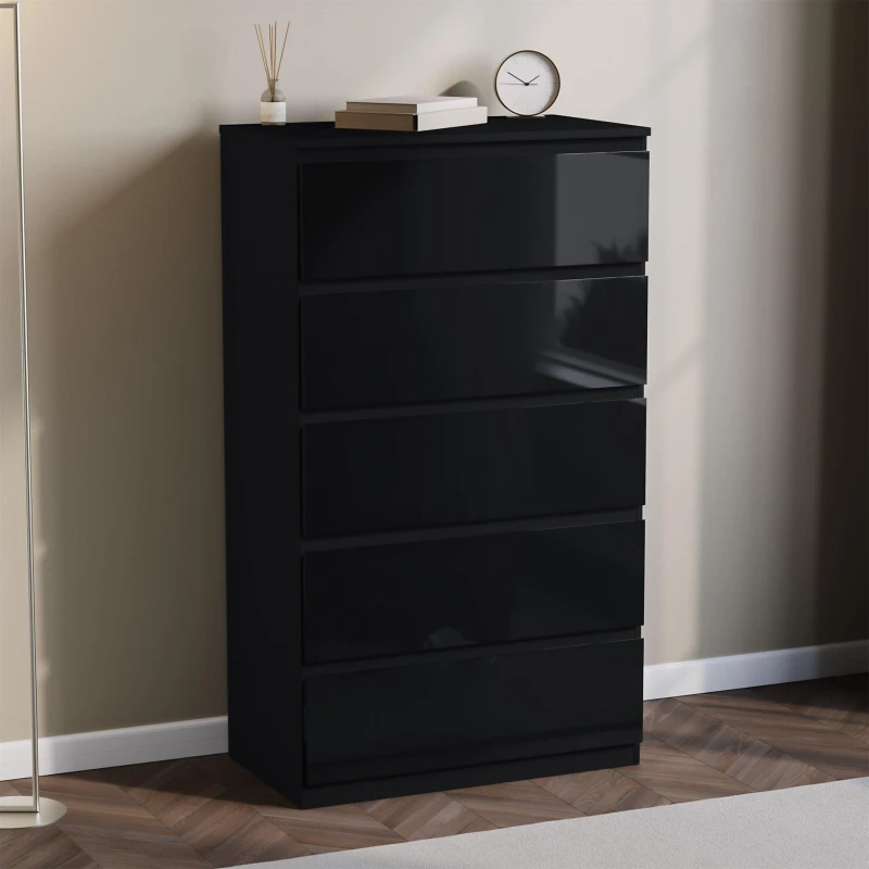 Image of Lassic Glinton High Gloss 5 Drawer Chest Black unisex 5 Drawer