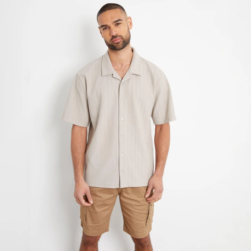 Image of Threadbare 'Cameron' Textured Revere Collar Short Sleeve Shirt Taupe