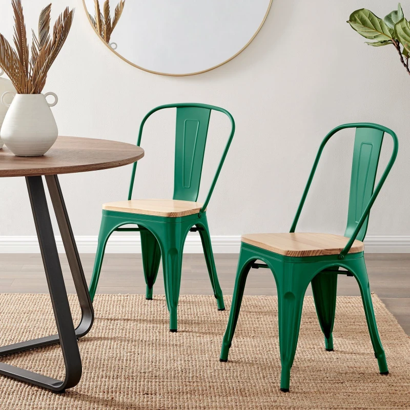 Image of FurnitureboxUK FurnitureboxUK Set of 2 Colton Industrial Steel Stackable Tolix Style Dining Chairs With Pine Seats in Green Green One Size Unisex 5056