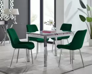Image of Enna White Glass Extending 4-6 Seater Dining Table and 4 Pesaro Soft Velvet Chairs