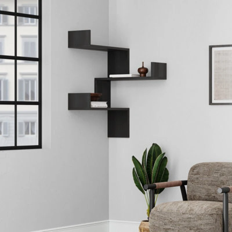 Image of Decortie Wall-mounted Floating Corner Shelf 22X60X90Cm Particleboard Black Wood, Black 8683628020333