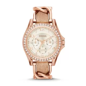 Image of Fossil Womens Riley Multifunction Rose-Tone & Sand Leather Watch - Beige