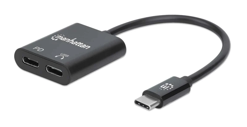 Image of Manhattan Manhattan USB-C to USB-C Audio Adapter and USB-C (inc Power Delivery), Black, 480 Mbps (USB 2.0), Cable 11cm, With Power Delivery to USB-C P